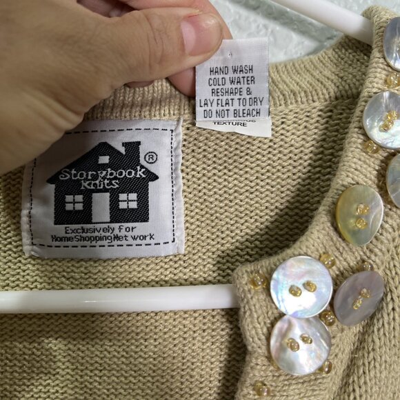 Storybook Knits Cardigan Womens S Tan Knit Embellished Beaded Floral Cottage - Picture 5 of 8